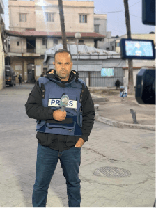Islam Badr, a Palestinian reporter for Al-Araby TV, reports from Gaza. Badr has been injured twice while covering the current conflict, most recently in a June 2025 drone strike on Al-Ahli Baptist Hospital, which killed three journalists and injured two others. (Photo: Courtesy of Islam Badr)