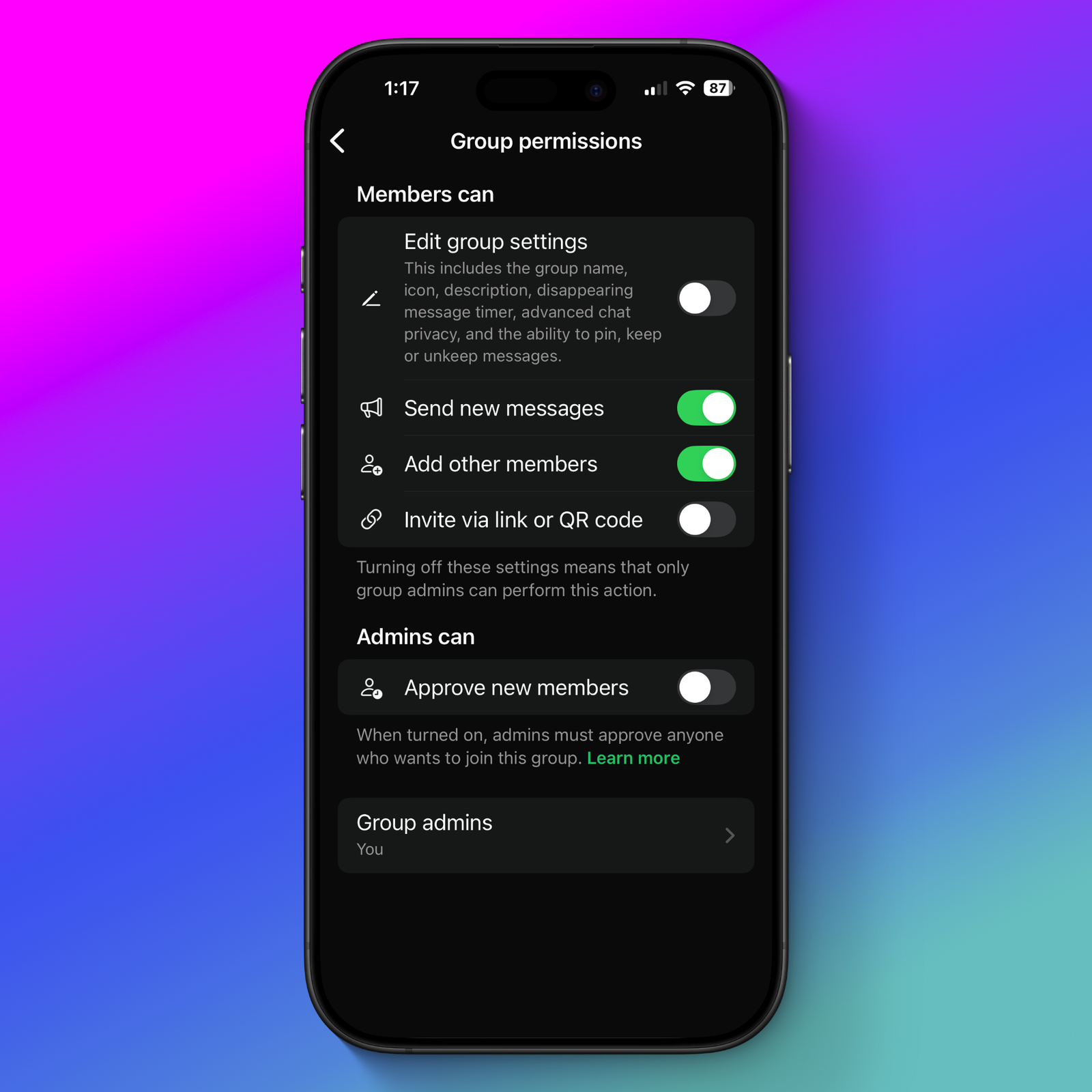 whatsapp group permissions screen