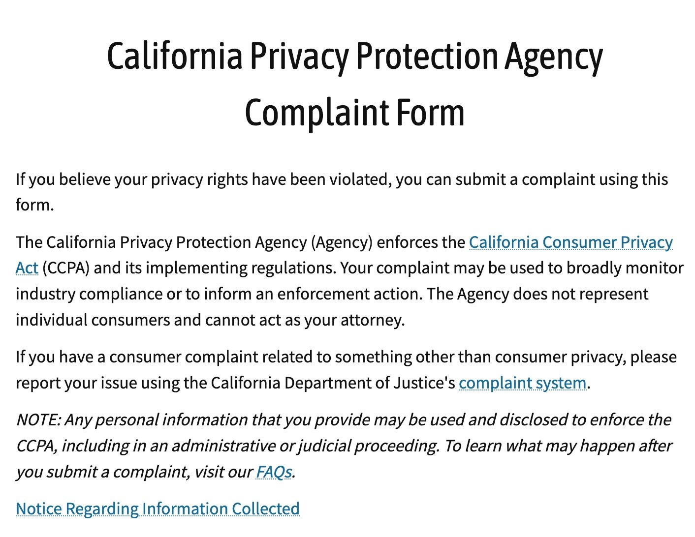 A screenshot of the CPPA's complaint page. It explains the agency's privacy policy.
