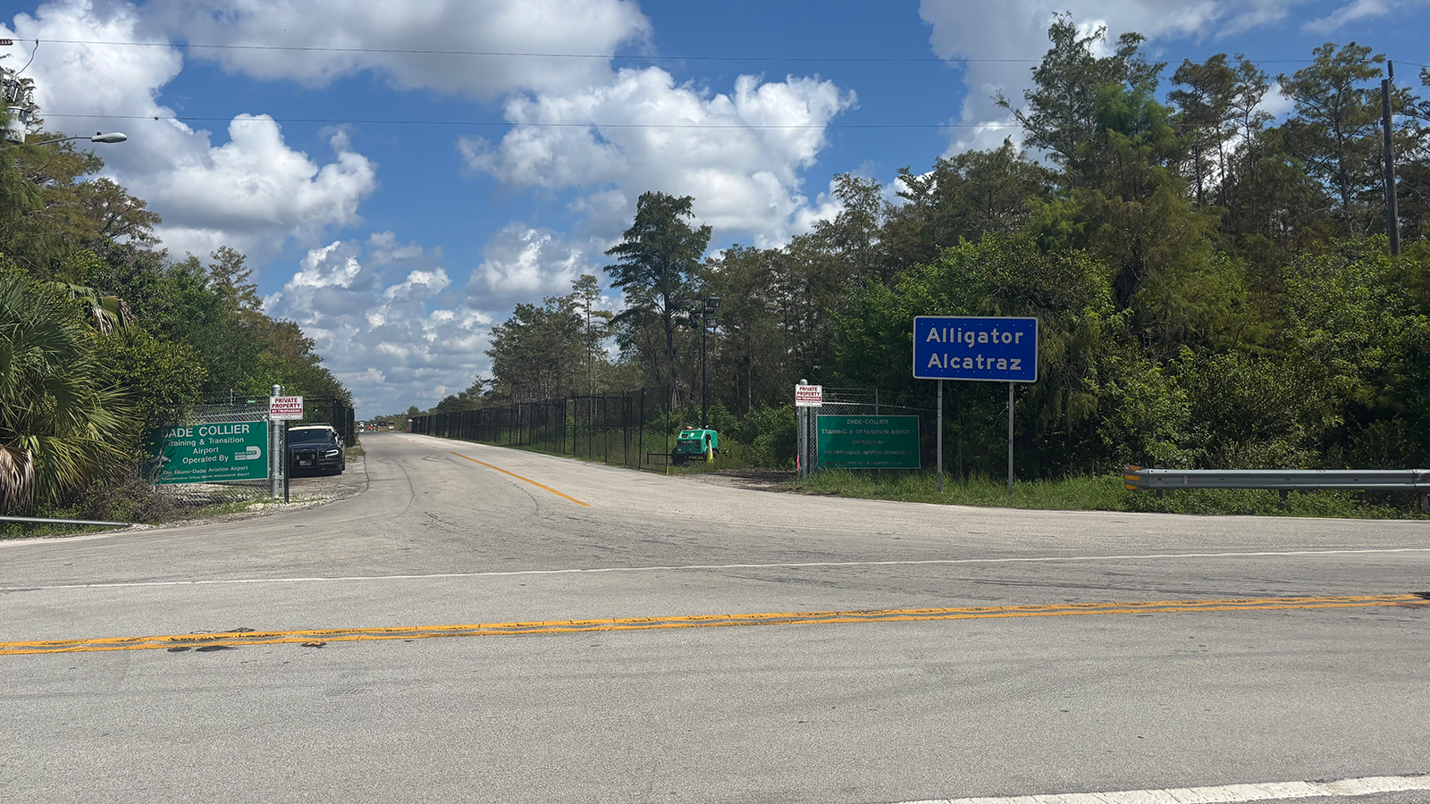 A view of the entrance of Alligator Alcatraz