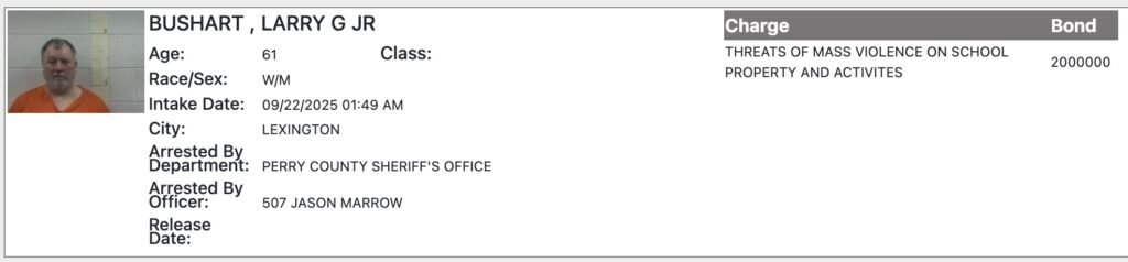 Mug shot and inmate listing for Larry G. Bushart, Jr, 61-year-old white male arrested 9/22/2025 by Perry County Sheriff's Office on charge of Threats of Mass Violence on School Property and Activites, $2 million bond.