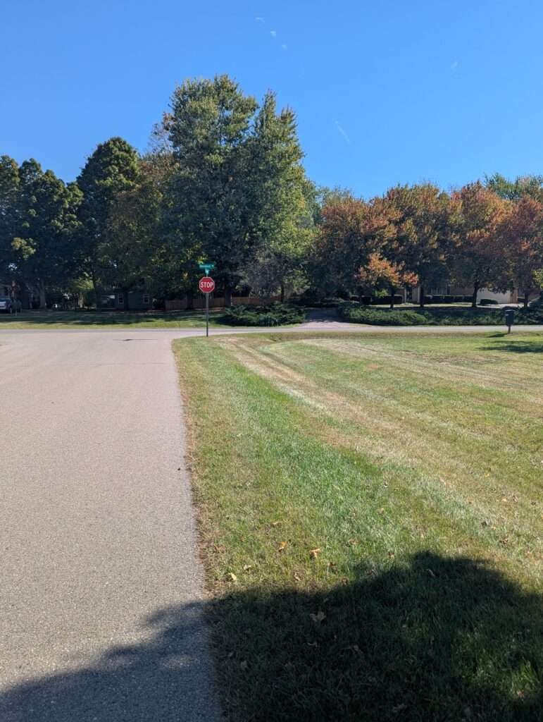 A residential intersection with a STOP sign, beneath a clear blue sky.