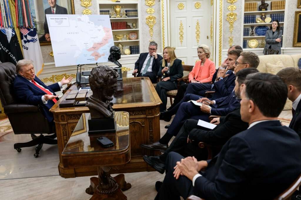 President Donald Trump meets with U.K. Prime Minister Keir Starmer, Italian Prime Minister Giorgia Meloni, European Commission President Ursula von der Leyen, German Chancellor Friedrich Merz, French President Emmanuel Macron, Finnish President Alexander Stubb, Ukrainian President Volodymyr Zelenskyy, and NATO Secretary General Mark Rutte in the White House on August 18, 2025.