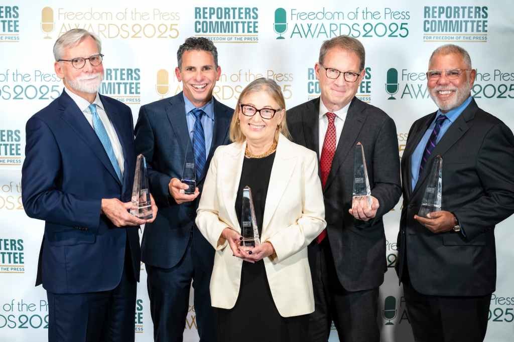 Winners of the Reporters Committee's 2025 Freedom of the Press Awards: From left, Brad Kutrow, Bob Cohn, Amanda Bennett, Jeffrey Goldberg, and Terry Baquet. (Photo by Meridith Kohut)