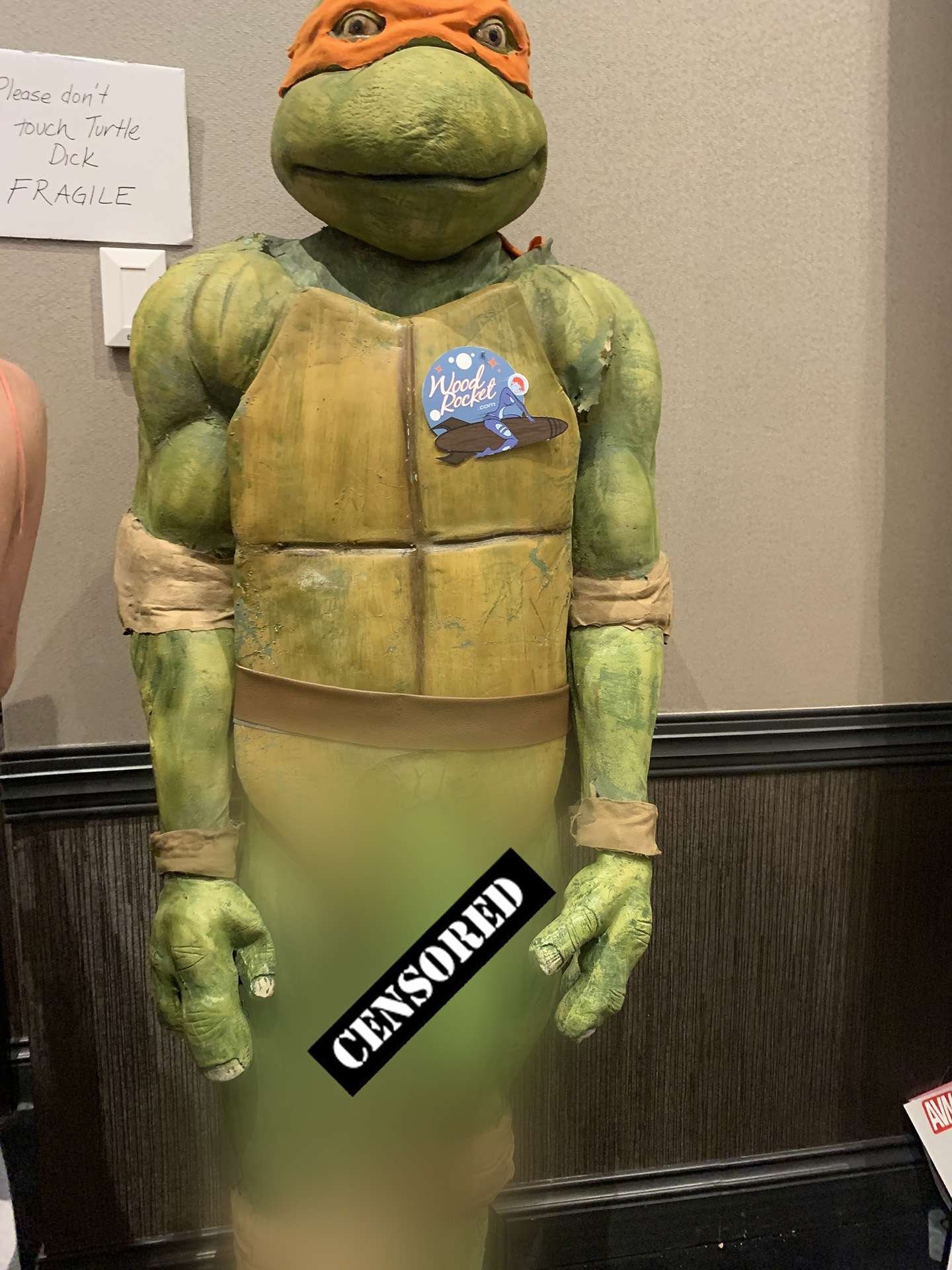 A teenage mutant ninja turtle with the bottom half of his body censored and blurred. 