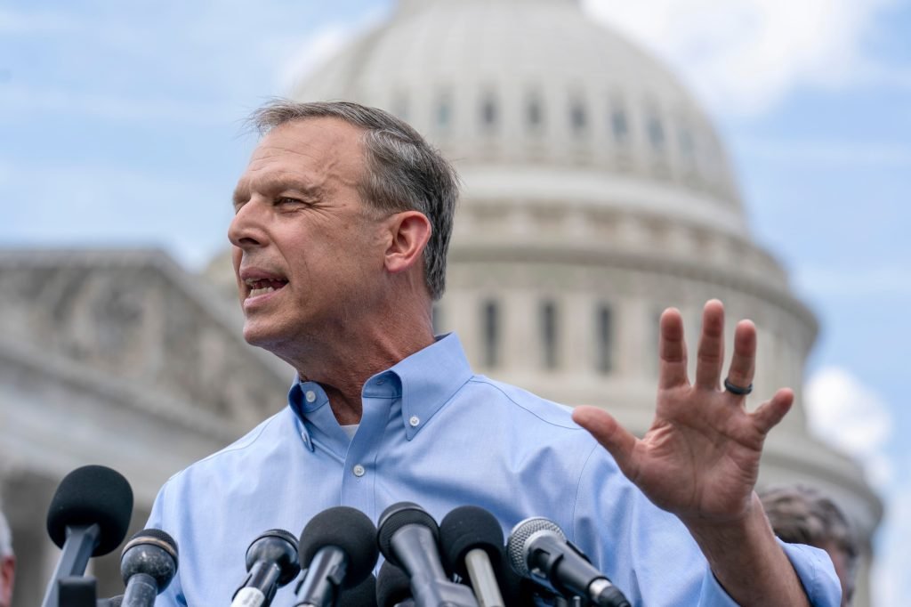 House Freedom Caucus Chair Rep. Scott Perry, R-Pa., speaks as he joins members of the conservative faction at a press event outside the Capitol in Washington, Sept. 12, 2023. (AP Photo/J. Scott Applewhite)
