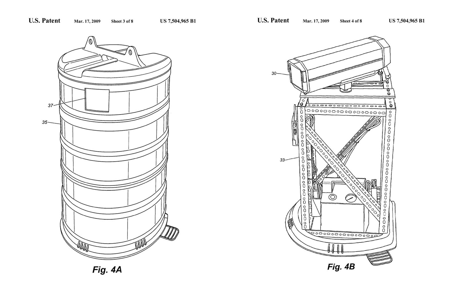 Patent drawings showing a traffic barrel and the camera inside it