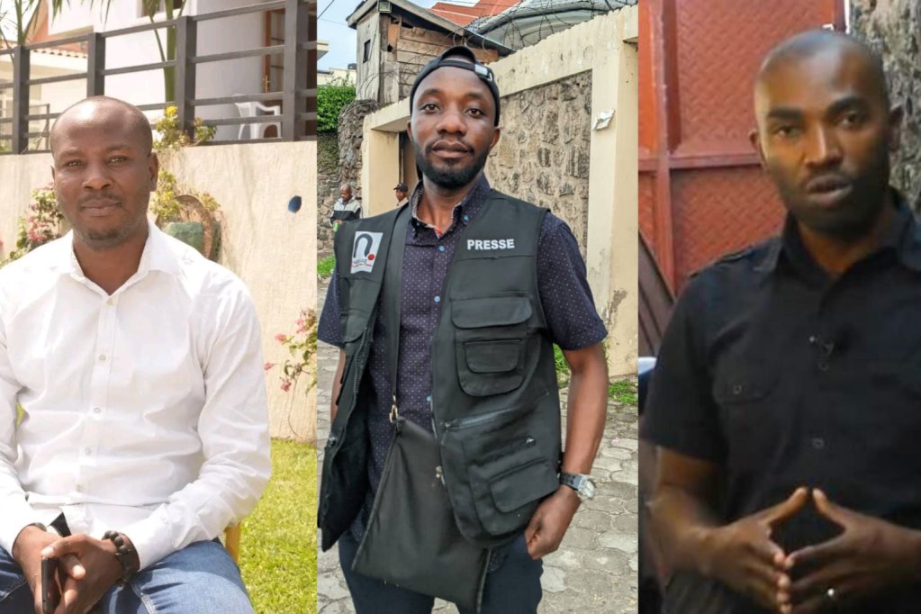 Congolese journalists (from left) Jonathan Mupenda, Jonas Kasula, and Daniel Michombero have received death threats following their coverage of the M23 rebel group’s assault on the Democratic Republic of the Congo’s eastern city of Goma. 