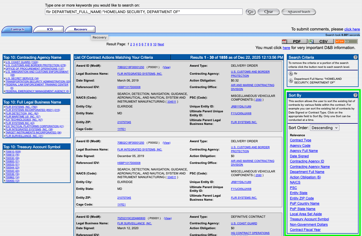 FPDS.gov results for FLIR with the sort by sidebar highlighted