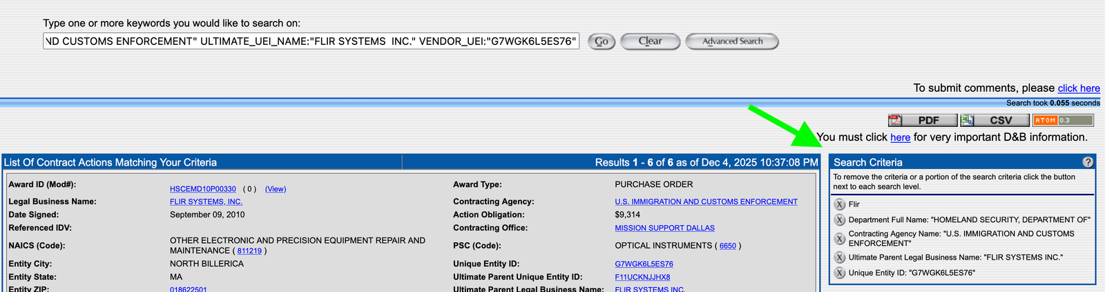 FPDS.gov results with the sidebar for deselecting terms highlighted with an arrow.