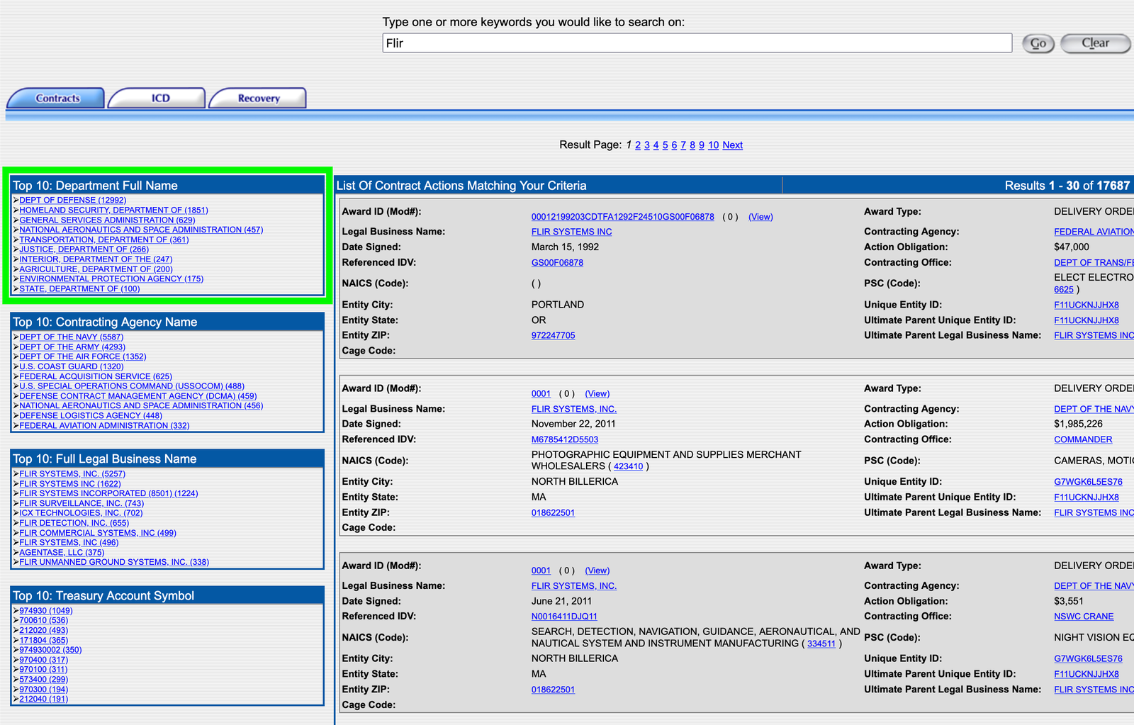 FDPS.gov results for FLIR with the agency full name sidebar highlighted.
