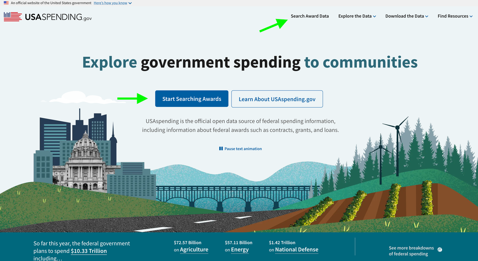The landing page of USA Spending with arrows pointing to the search links.