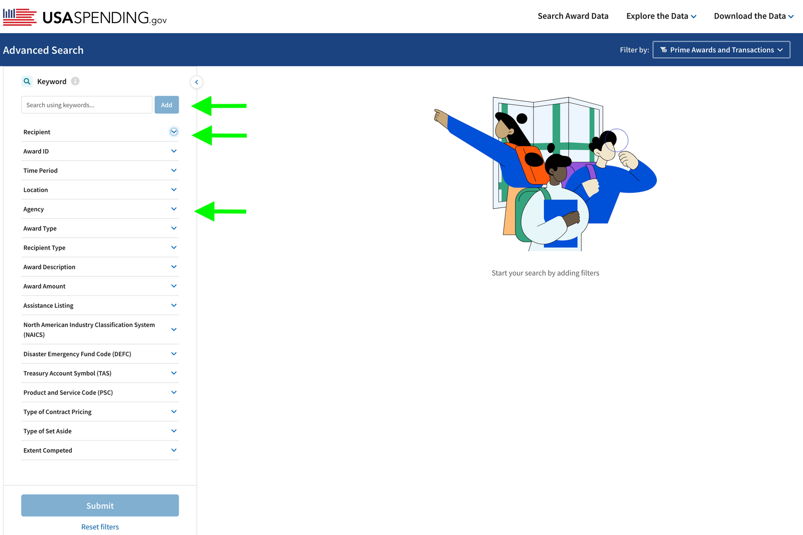 USA Spending page with arrows pointing to the key search filters.