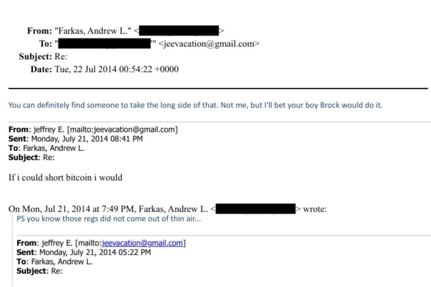 An email exchange between Jeffrey Epstein and Andrew Farkas. Image: DOJ 