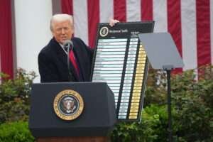 President Donald Trump holds up the chart of "reciprocal" tariffs he pledged to impose on other nations, during an event in the Rose Garden.