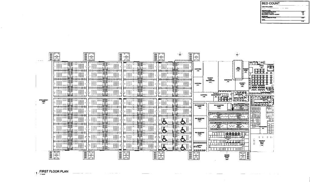 Blueprint of an Immigration and Customs Enforcement (ICE) detention facility to be built in Social Circle, Georgia, with thousands of beds as well as amenities.