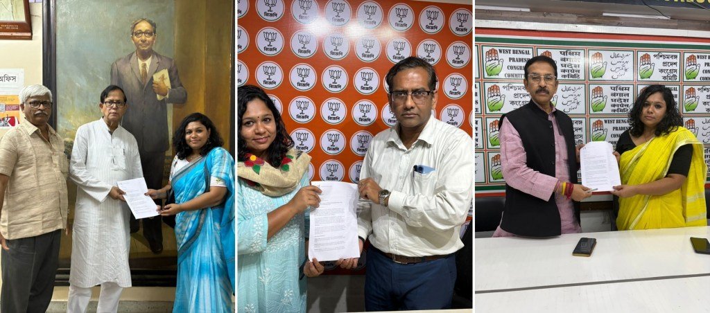 CPJ India researcher Somi Das submits a letter asking for commitments on journalist safety to (left to right) Mohammad Salim, state president of the Communist Party of India (Marxist); Debjit Sarkar, chief spokesperson of the BJP’s West Bengal unit; and Subhankar Sarkar, president of the West Bengal Pradesh Congress Committee, in Kolkata in March 2026.
