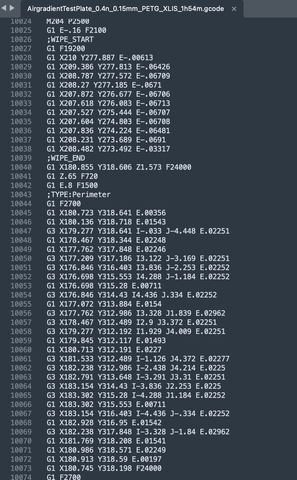 Line 10024-10074 of g-code produced when slicing the 3D model.