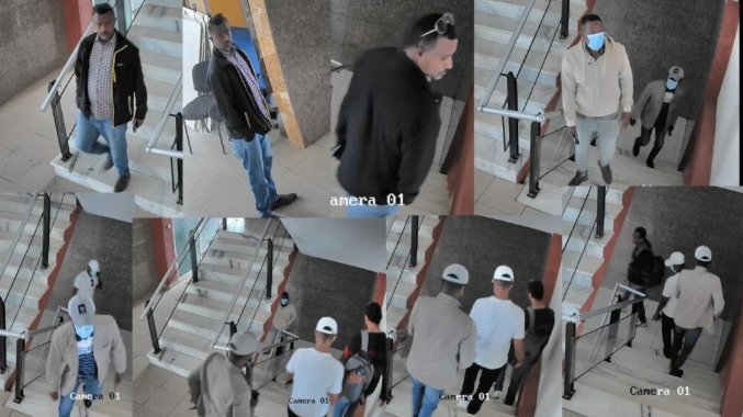 Screenshots of security camera footage from April 15, 2026, show the men who took Addis Standard managing editor Million Beyene from his newsroom walking up and down a stairwell in the building. The outlet has been unable to locate the journalist.