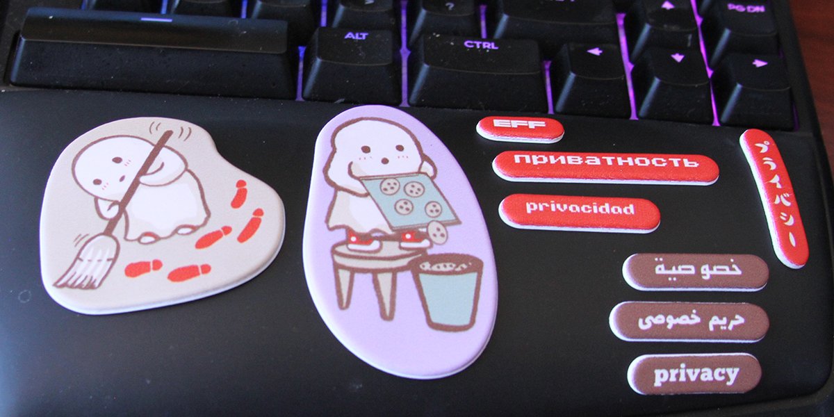 Puffy privacy Ghostie stickers on a keyboard