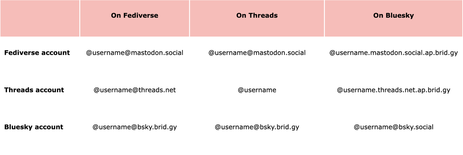 Examples of how each social media username looks on other platforms
