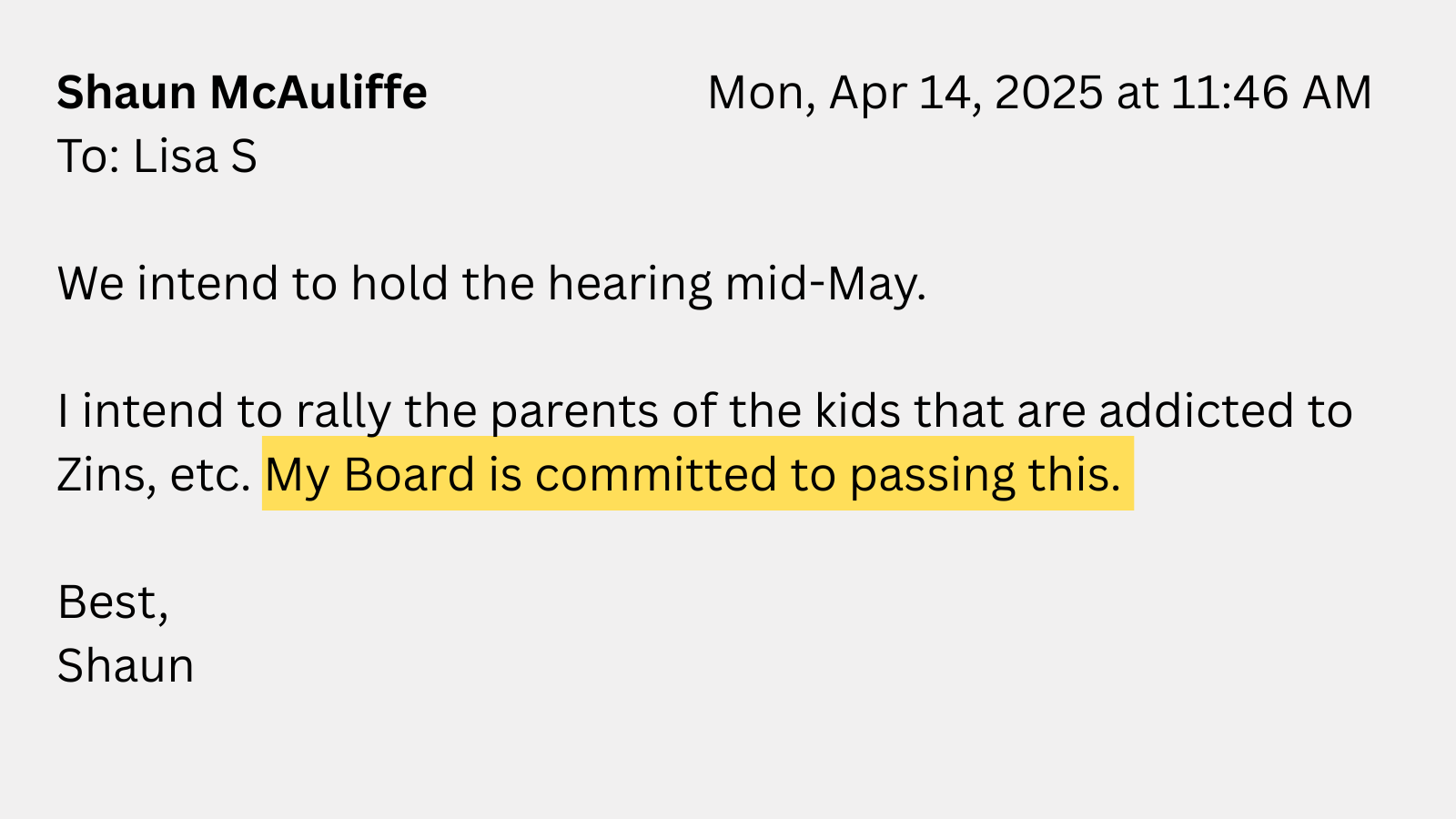 An email between public health officials discussing nicotine policy