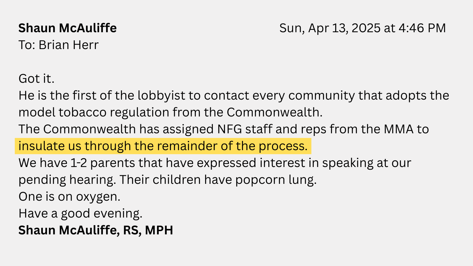 An email between public health officials discussing nicotine policy
