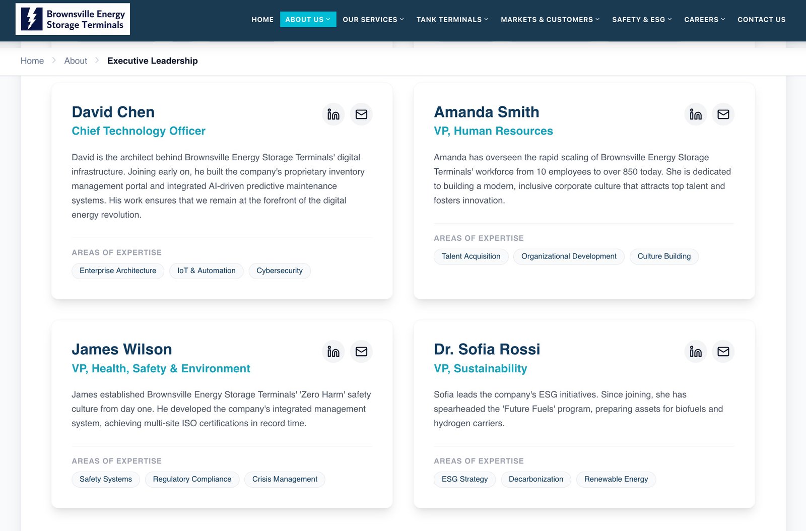 On the page about the executive leadership of Brownsville Energy Storage Terminals there are four employees with their credentials listed.