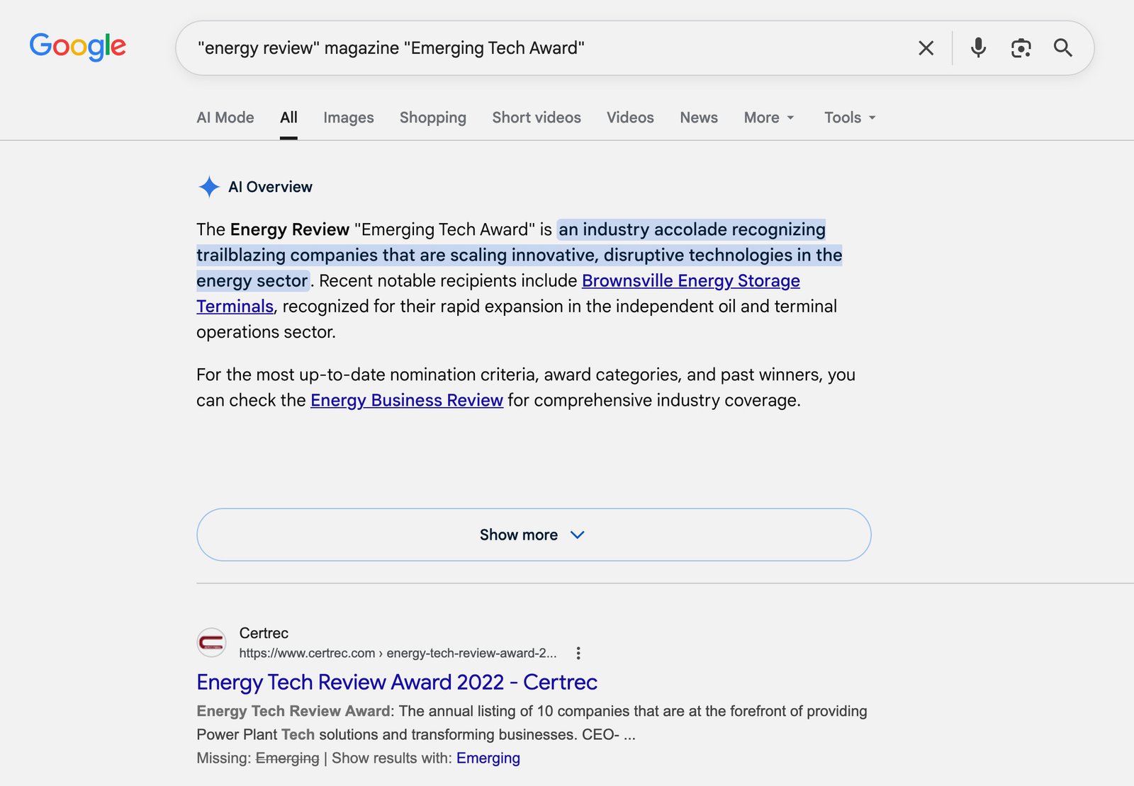 A Google search of “‘energy review’ magazine ‘Emerging Tech Award’” reveals a long AI Overview response.