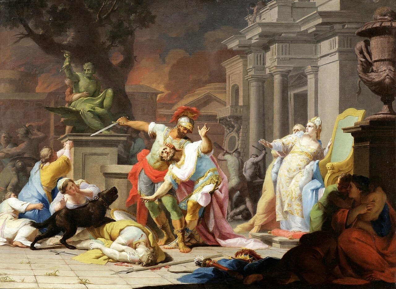 Historical painting of armed soldiers attacking civilians in a city square as buildings burn and people flee in panic.