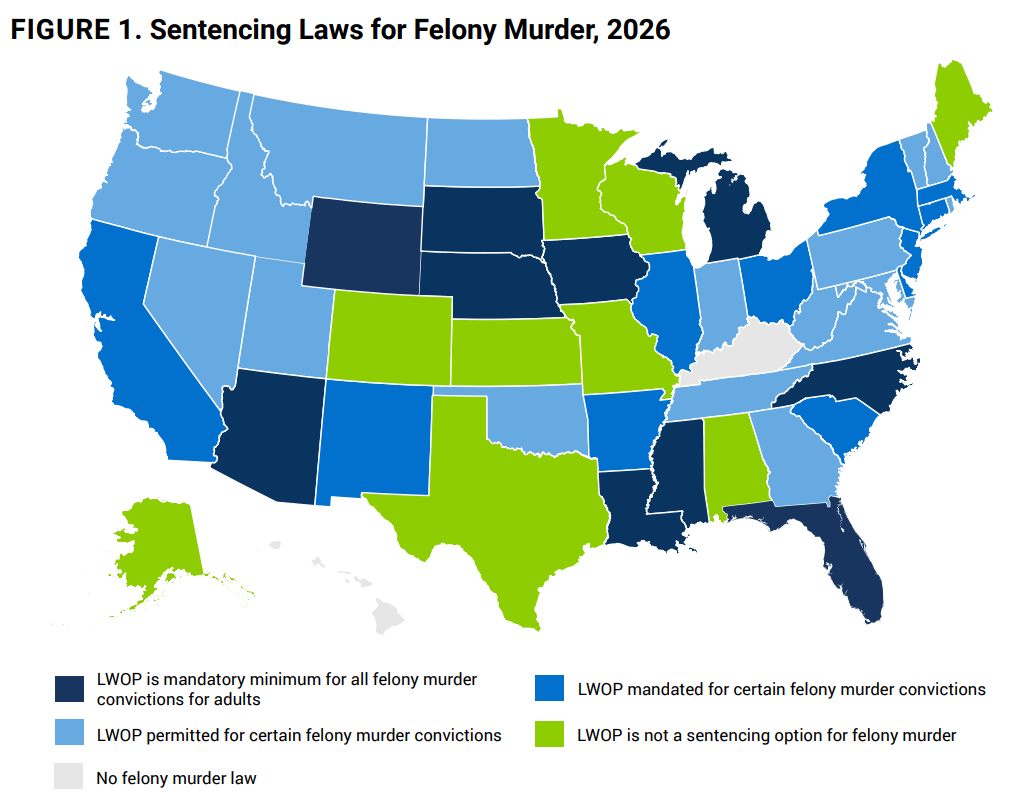 A map showing states' policies on life sentences without parole (LWOP) for felony murder