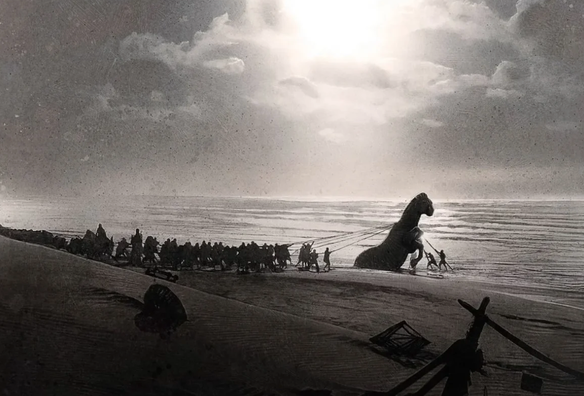 Silhouetted figures haul a giant wooden horse across a beach beneath dramatic clouds and rays of sunlight.