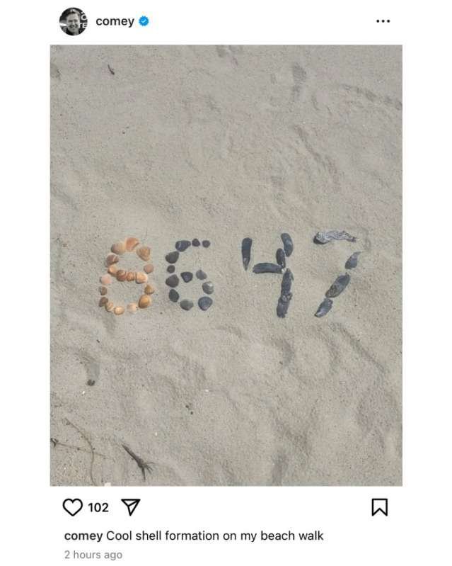 A screenshot of an Instagram post by James Comey showing '86 47' written in rocks on sand