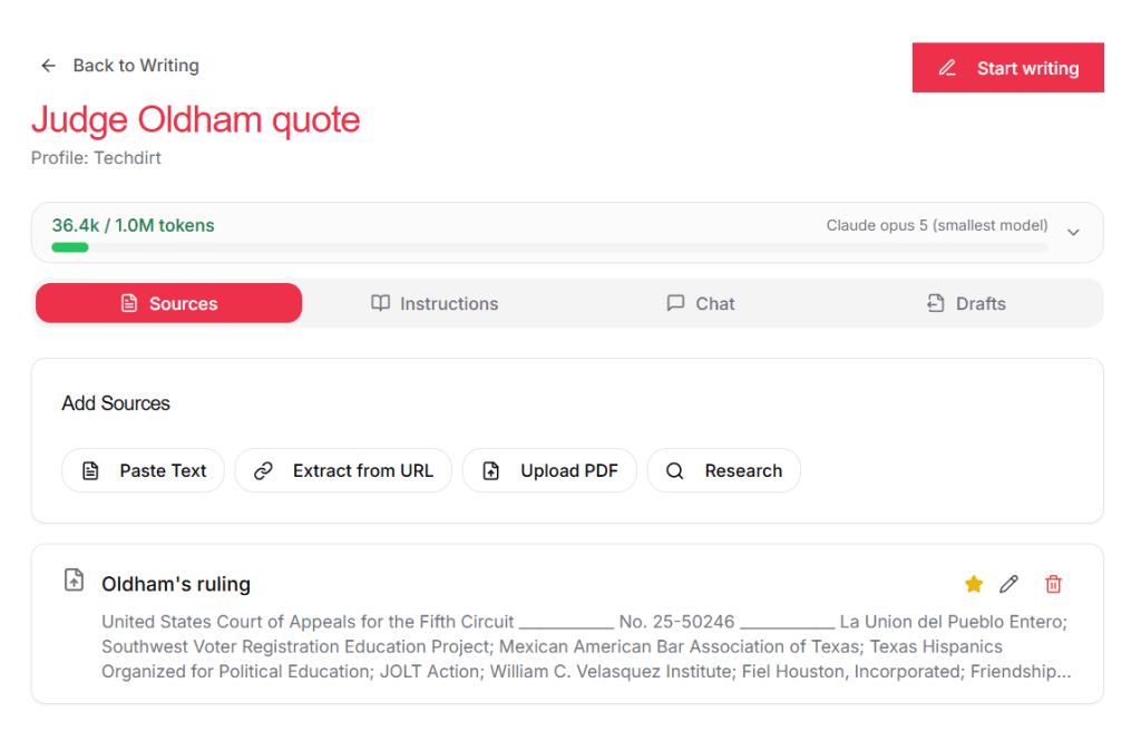 Screenshot showing "sources" tab, showing an uploaded PDF which is "Oldham's ruling" to go with the story I'm writing about Judge Oldham's bonkers opinion.