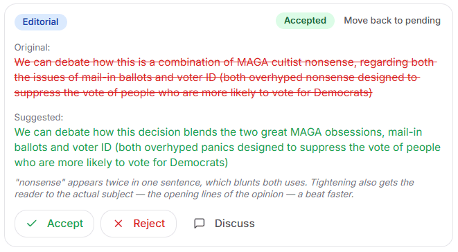 Screenshot showing a suggested of an edit to tighten the sentence, noting that "nonsense appears twice in one sentence which blunts both uses. Tightening also gets the reader to the actual subject - the opening lines of the opinion - a beat faster."