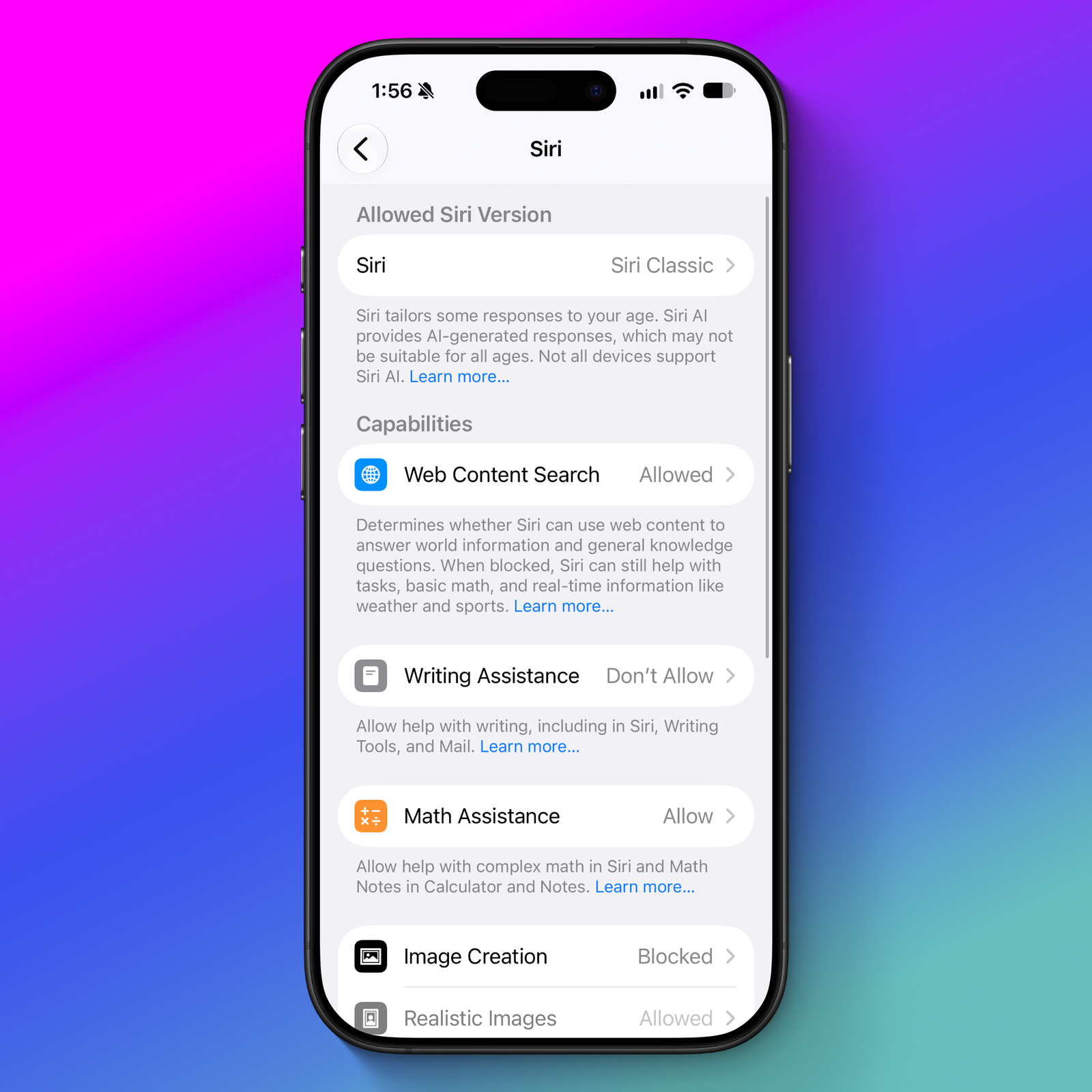 settings app with allowed siri version