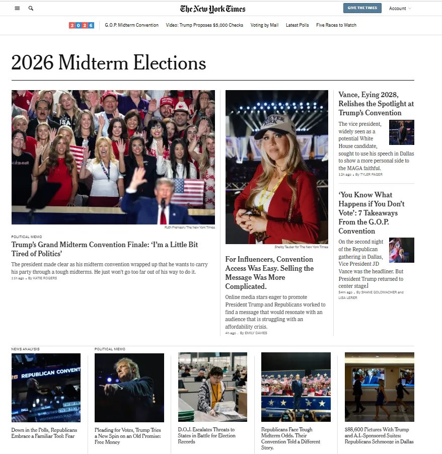A screenshot of The New York Times website featuring a section titled "2026 Midterm Elections" with various political news articles and images.