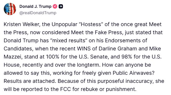 A tweet from Donald J. Trump criticizing Kristen Welker and "Meet the Press" regarding his candidate endorsement results.