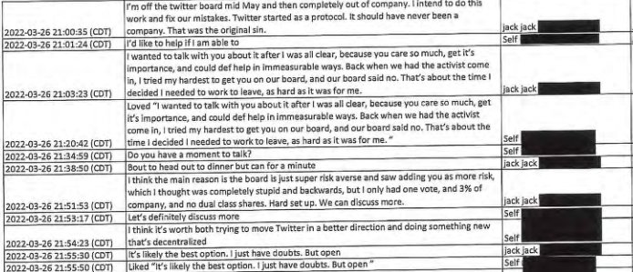 Text messages between Jack Dorsey & Elon Musk in which Dorsey advocates that Twitter "must be an open source protocol"