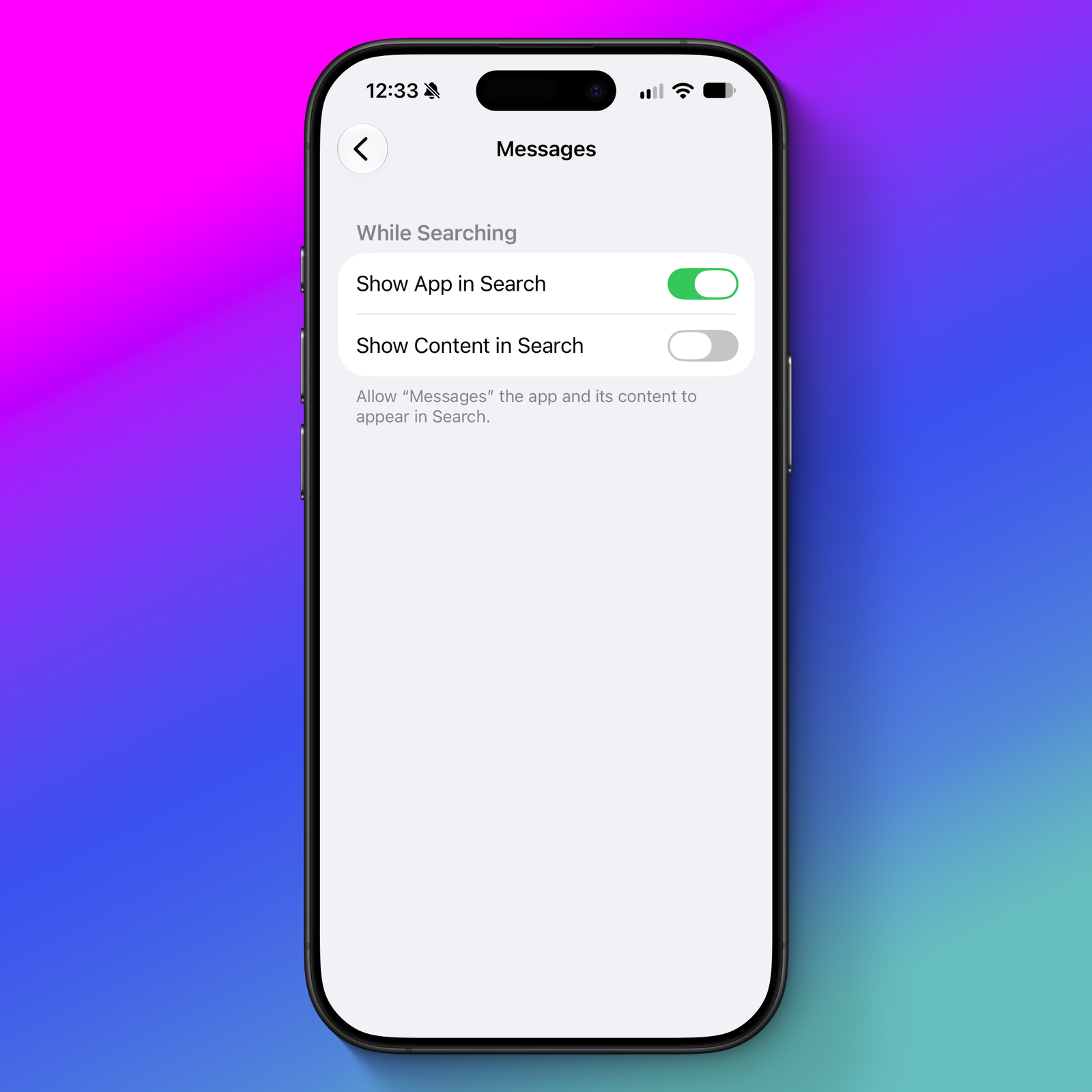 screenshot of settings app showing "show content in search" unchecked