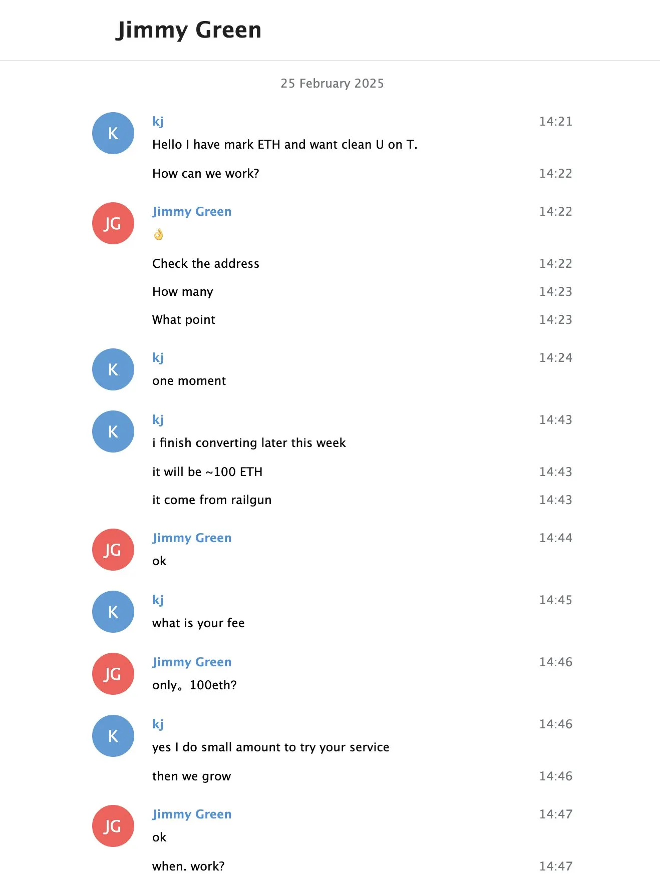 Screenshot of a conversation between ZachXBT and "Jimmy Green." Image: ZachXBT
