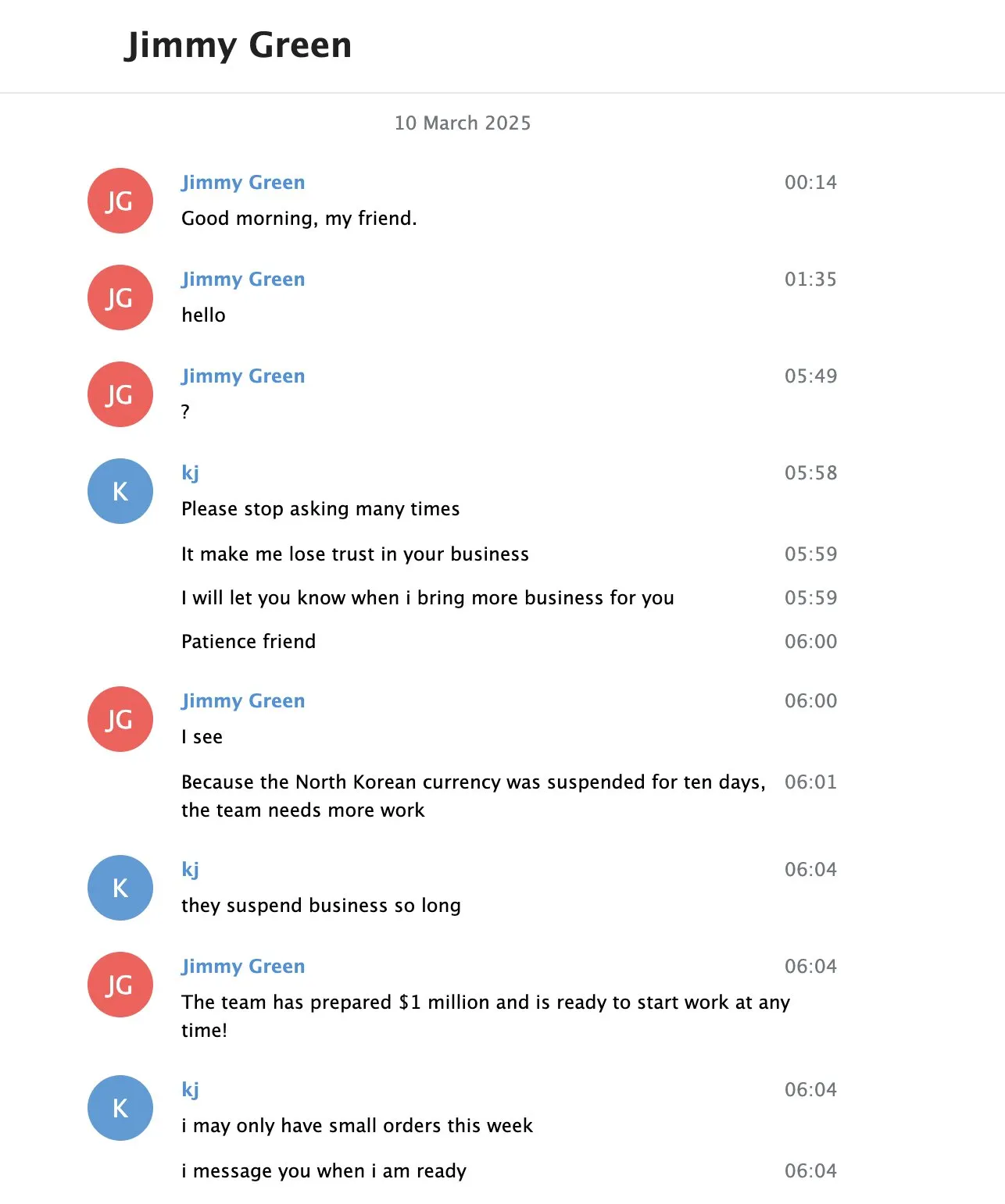 Screenshot of a conversation between ZachXBT and "Jimmy Green." Image: ZachXBT